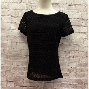 Talbots Short Sleeve Blouse Top Crochet Lace Black Faux Leather Trim Size 6 NEW